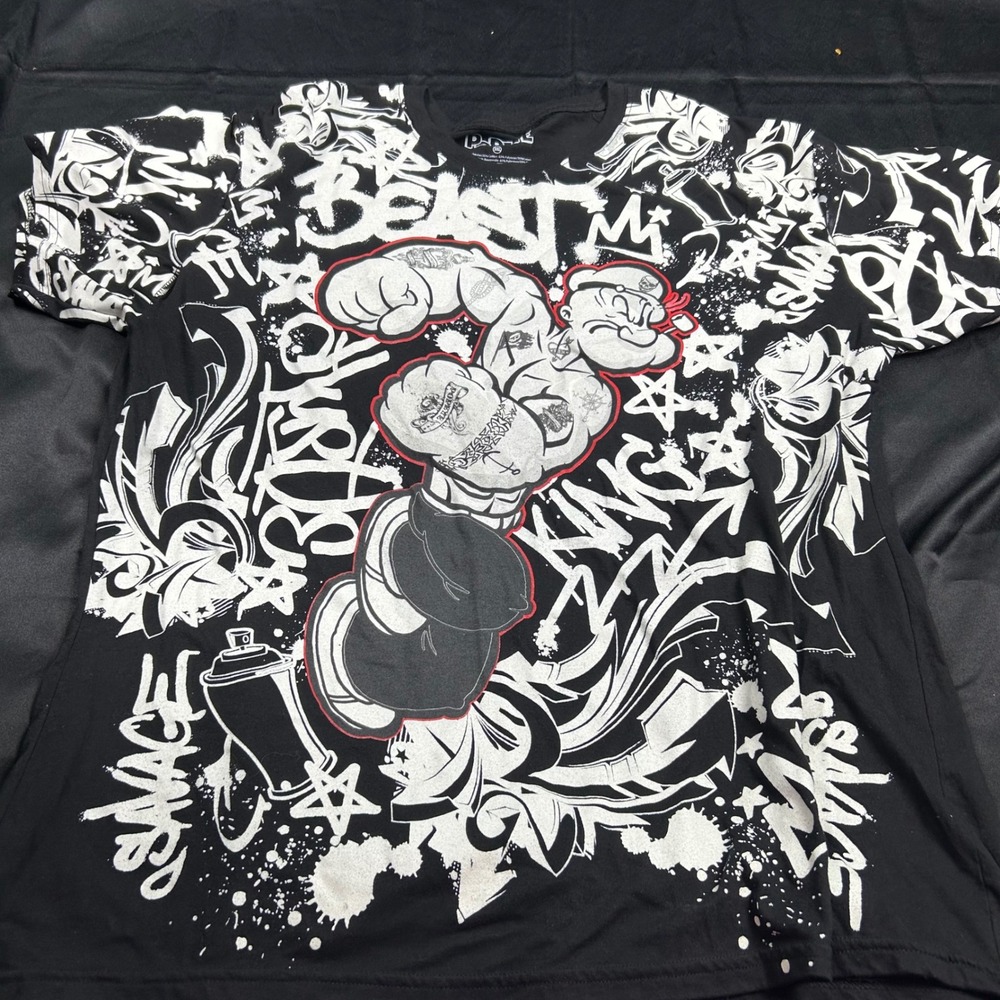 Popeye the Sailor Man Graffiti All Over Print T-Shirt Mens 3XL Black White Beast